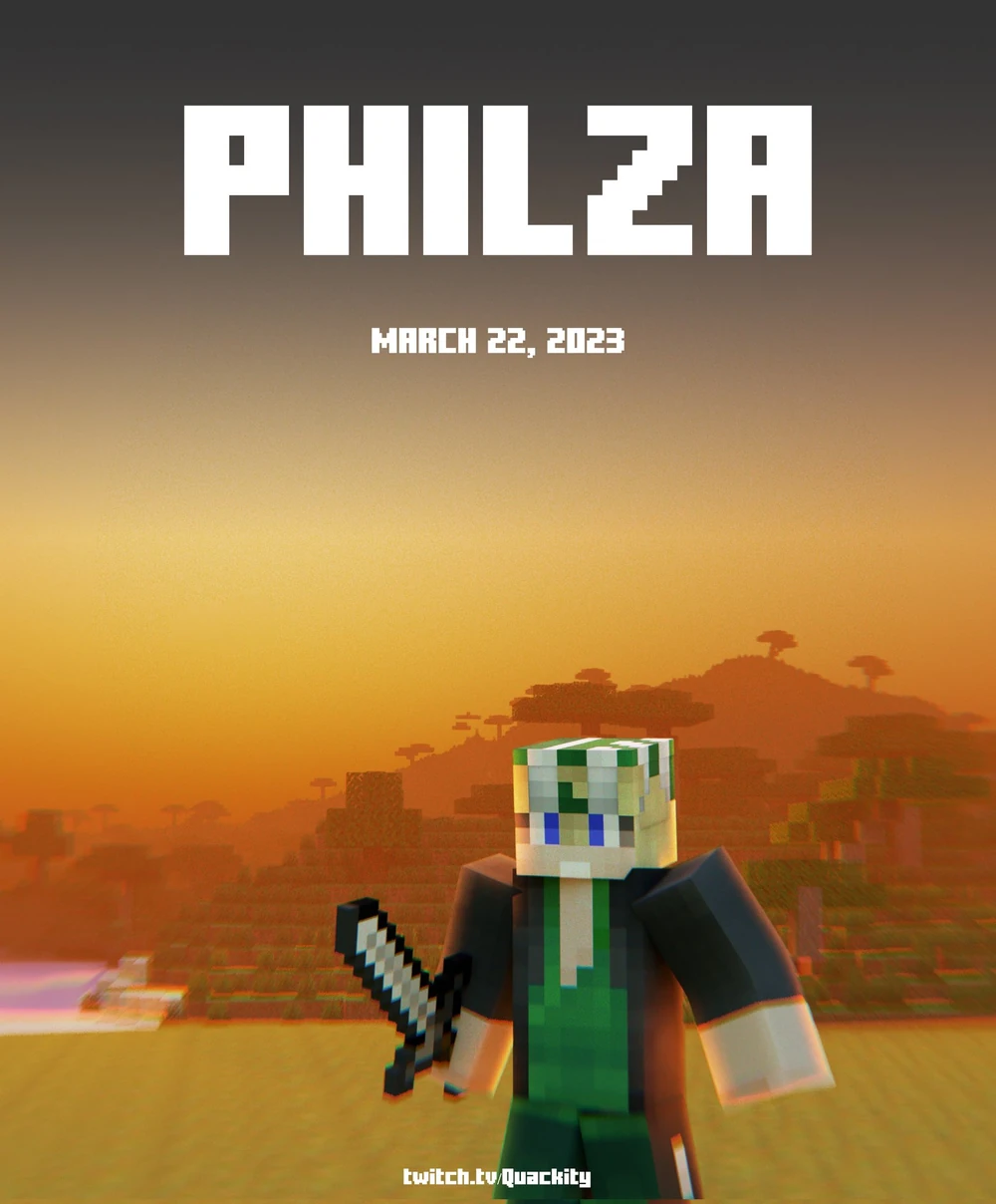 Official announcement poster for Philza. His minecraft character is standing in an open empty field with a savannah mountain in the background as the sun is setting. He holds an iron sword and is ready to fight. However, his minecraft skin looks weird and messed up in a funny way, like his hat and hair have become one.